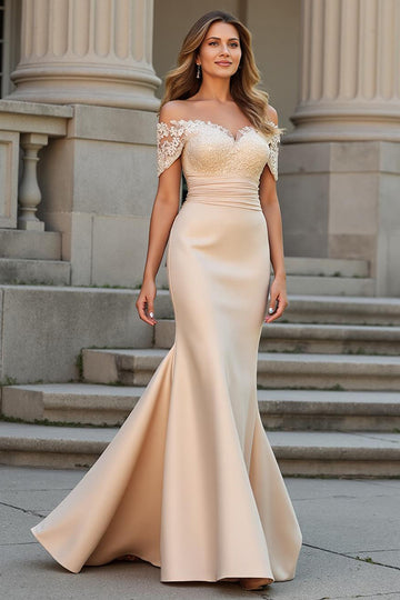 Off The Shoulder Champagne Mermaid Mother Of The Bride Dress With Appliques